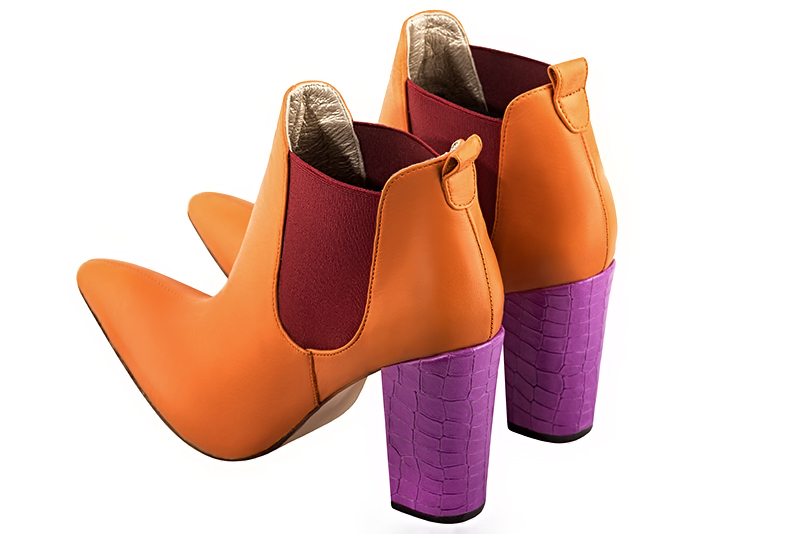 Apricot orange and cardinal red women's ankle boots, with elastics. Tapered toe. Very high block heels. Rear view - Florence KOOIJMAN